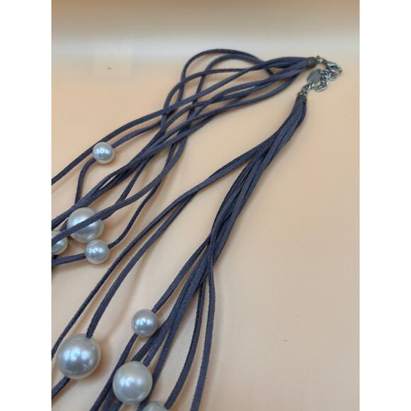 Layered Faux Pearl Necklace on Charcoal Grey Suede – 8 Strand, 32” - Picture 3 of 3